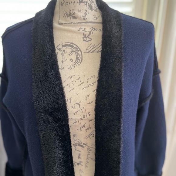 Love Token Navy Blue Open Front Cardigan with cozy fur-like lining. - Picture 11 of 15